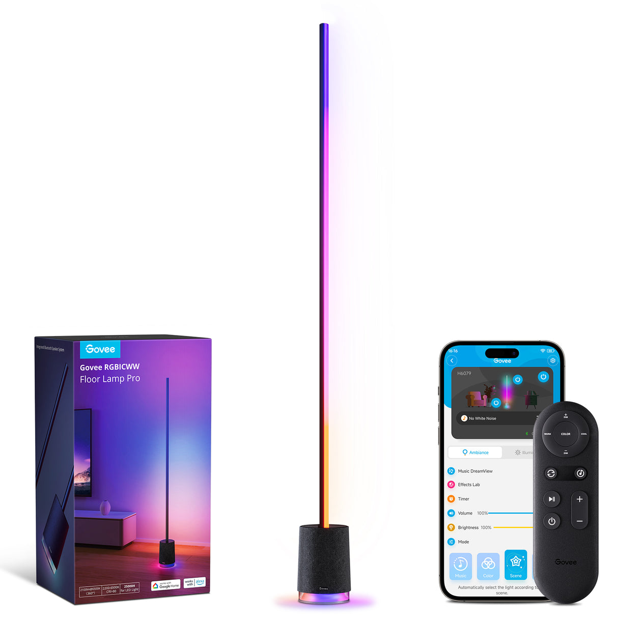 Govee Floor Lamp Pro RGBICWW Smart Floor Lamp with Speaker - 1.7m - Black